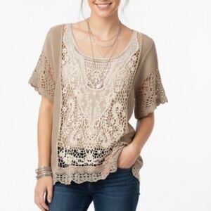 FREE PEOPLE Sweet Memories Peasant Boho Prairie Crochet Lace Silk sweater blouse